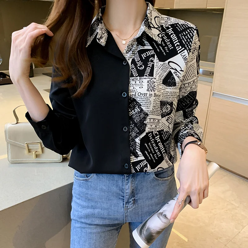 

Women Splicing Long Sleeves Commute Blouse Autumn Fashion Y2k Letter Jacquard Chiffon Shirts Vintage Turn-down Collar Tops