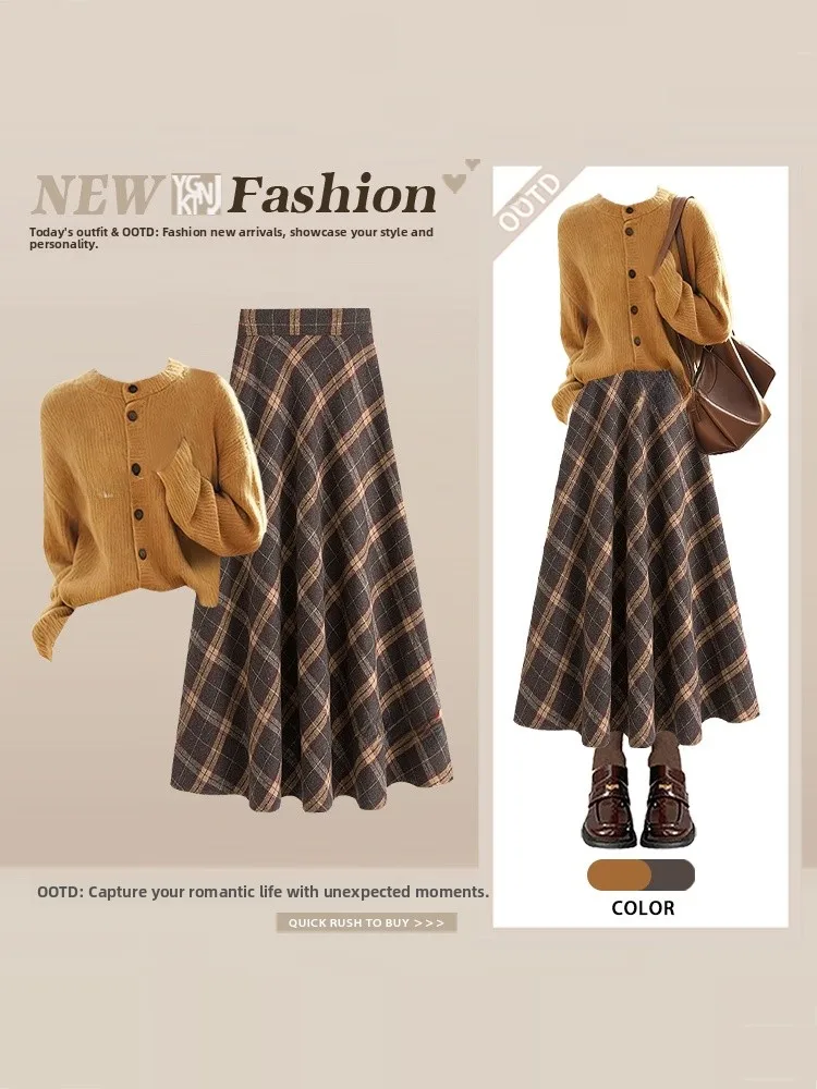 

Женский вязаный свитер и юбка с высокой талией Ele для осени и зимы, комплект в стиле ретро, мягкий, с длинными рукавами, в клетку