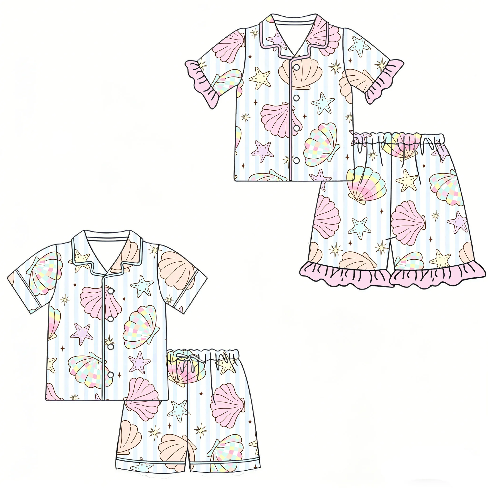 Boutique children's pajama sets Collared buttons short-sleeved shorts set shell and duck prints wholesale