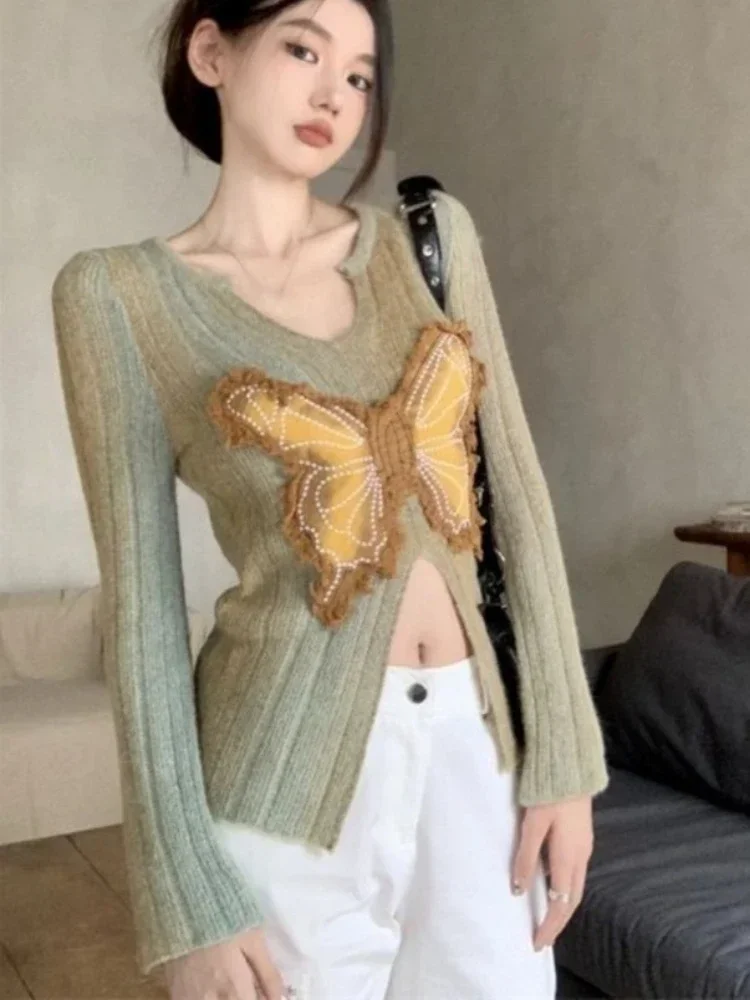 Sweet V Neck Y2k Patchwork Bow Design Sweaters Contrast Color Gradient Slim Split Pullovers Women Harajuku Vintage Sueter Mujer