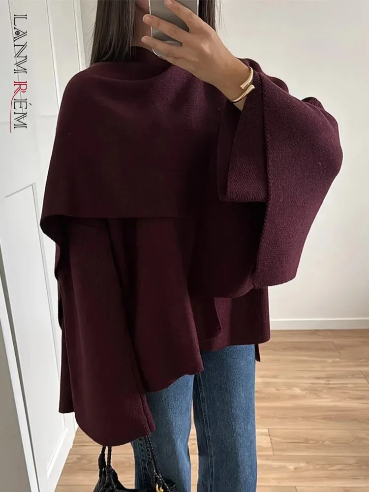 

[LANMREM] Elegant Scarf Neck Design Knit Coats For Women Single Breasted Office Lady Warm Female Sweater 2024 Winter New 26C1492
