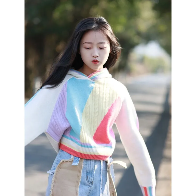 Rainbow Striped Hooded Sweater Pullover Women Stylish Streetwear Fashion Chic Crop Tops 2023 Autumn Winter Long Sleeve Knitwear