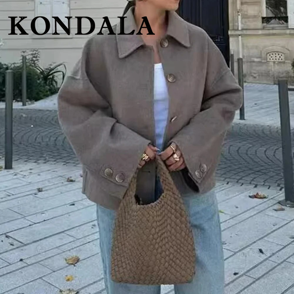 

KONDALA шикарная уличная модная осенняя женская куртка 2025 года, винтажное однобортное свободное пальто с карманами, повседневная элегантная женская верхняя одежда