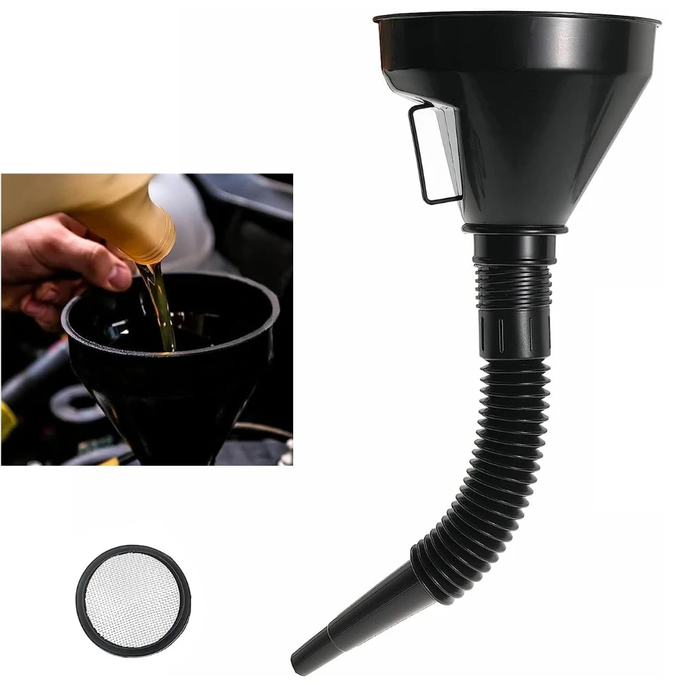 

Wide Mouth Oil Funnel with Flexible Extension Nozzle Hose with Handle Mesh Screen Filter Removable Mesh Screen Filter