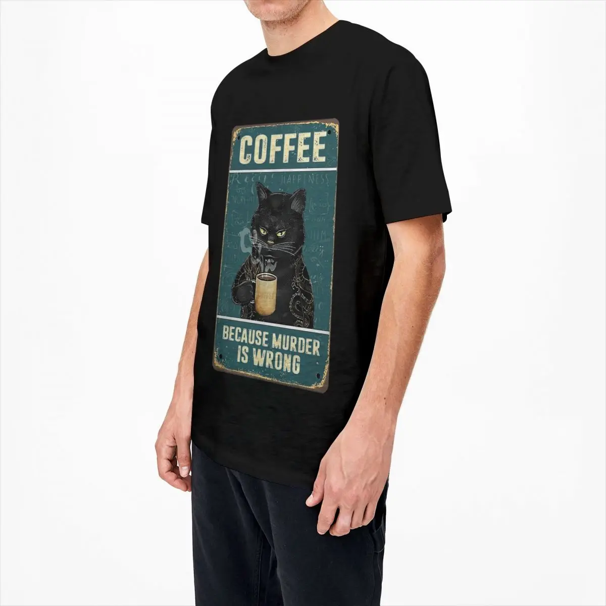 Coffee Because Murder Is Wrong T Shirt Summer Black Cat  T-Shirts Cotton Trending Tee Shirt For Men Short Sleeve Print Top Tees