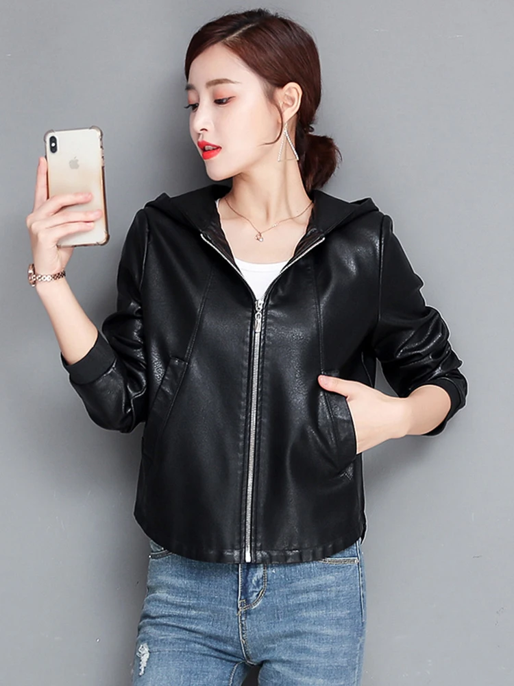 New Women Casual Leather Jacket Spring Autumn Fashion Hooded Zipper Split Leather Loose Outerwear Short Sheepskin Tops Coat