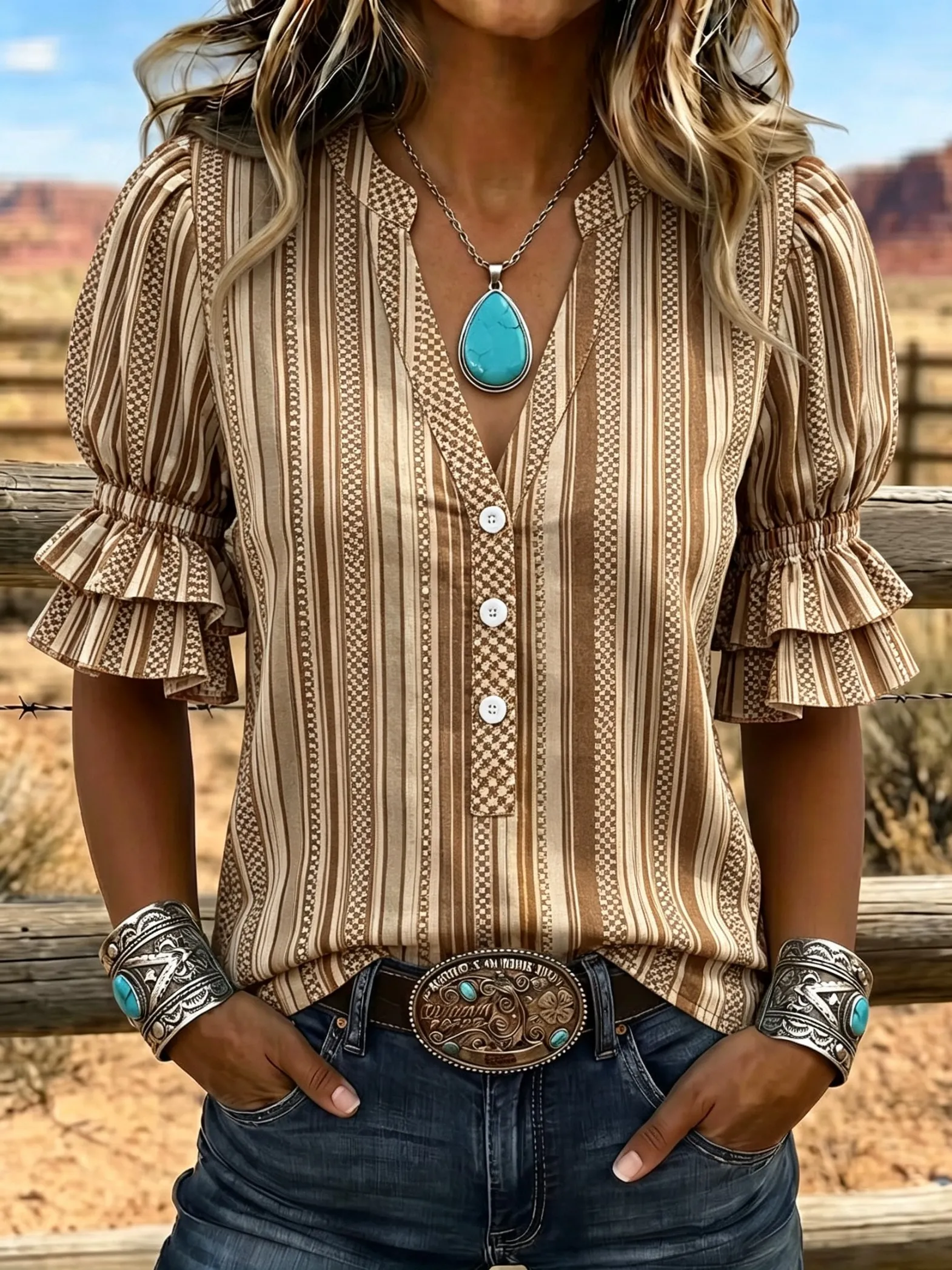 Women's Spring Summer 3D Printed V Neck Shirt, Brick Red Grid Horseshoe Star Western Ethnic Geometric Blouse view 3