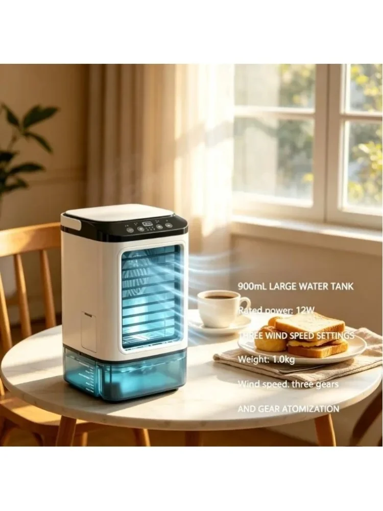 2026 NEUER Geräuschloser Tragbarer Mini-Verdunstungsluftkühler 900ml Wassertank 3-Gang-Tischventilator mit 7-Farben-Licht Luftbefeuchter für Zuhause Reise Büro