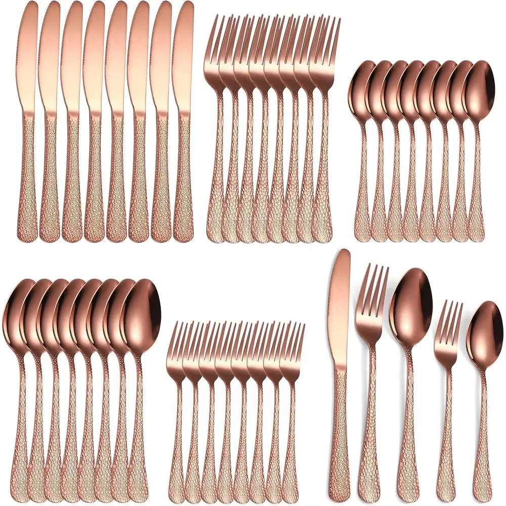 

40-Piece Hammered Silverware Set: Copper/Rose Gold Flatware for 8, Ideal for Festive Gatherings and Daily Dining
