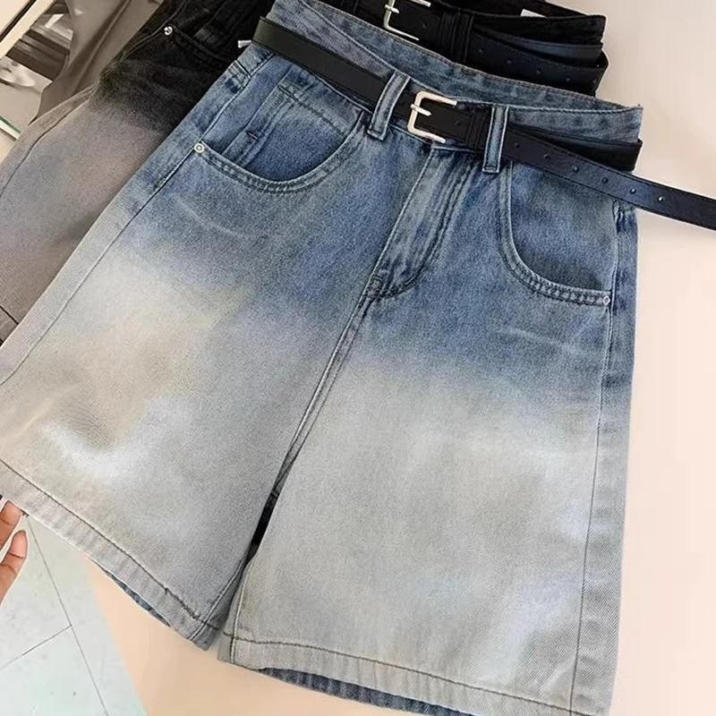 Mode Gradiënt Vijfpunts Jeans Dames 2024 Zomer Nieuwe Joker Hoge Taille Losse Korte Broek Met Wijde Pijpen