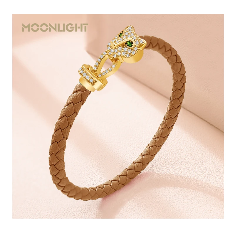 MOONLIGHT Classic Design Exquisite Cheetah Zircon Bracelet for Women Braided Leather Bracelet Quality Banquet Couples Gift