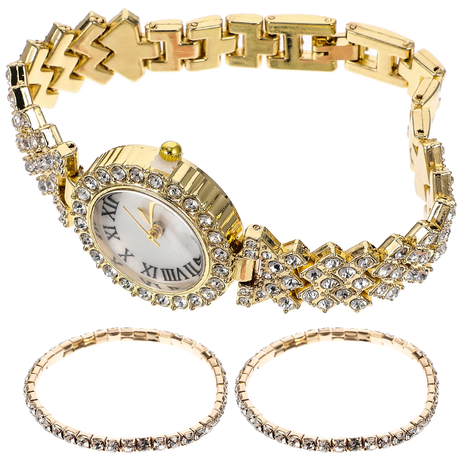 

2Pcs Double-layer Diamond-set Quartz Watch Bracelet Women Rhinestone Stainless Steel Fashion Girls Daily Wear Watches