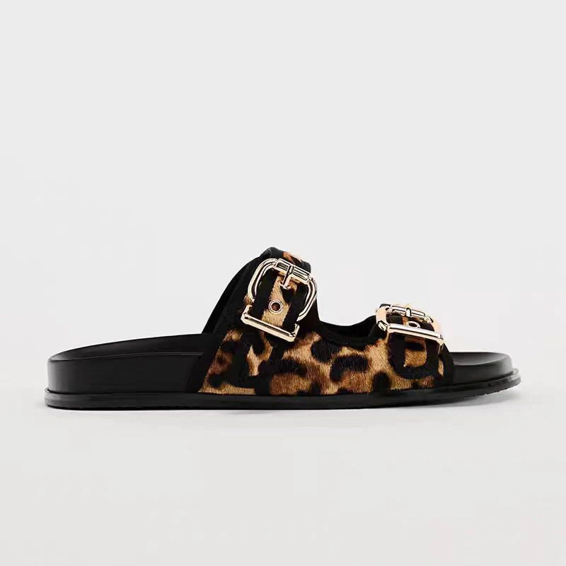 TRAF-Sandalias planas con estampado de leopardo para mujer, zapatos informales con hebilla y correas, suela gruesa superior, punta redonda, Punta abierta