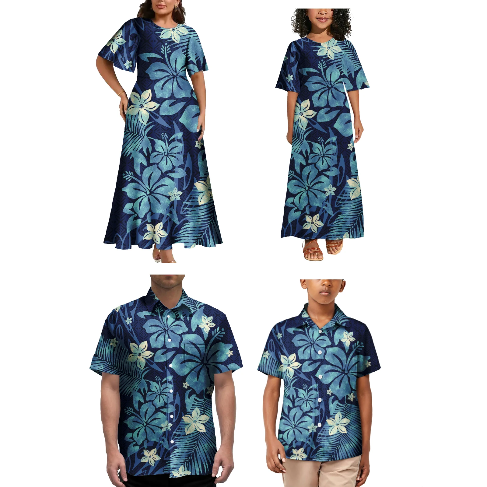 Samoan Art Print Style Holiday Party Family Set Women'S Floor-Length Dress Men'S Shirt Children'S Adult Clothing