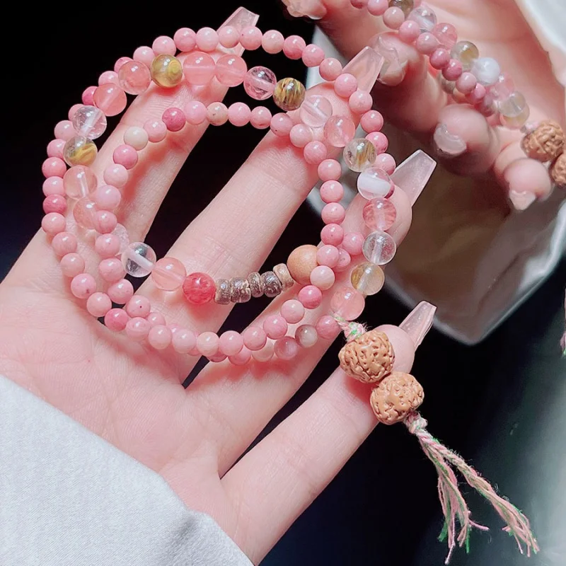 Taoyao ~ Multi-Layer Rhodochrosite Wooden Woven Bracelet Female Niche Temperament Zen Collectables-Autograph Rosary Necklace Bra