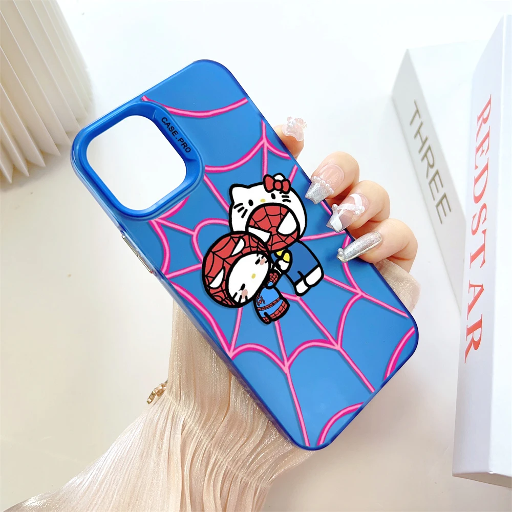 Spidermans Hello Kittys Phone Case for IPhone 13 12 11 15 14 Pro Max Plus Lens Creative Border Silver Plated Inside Hard TPU