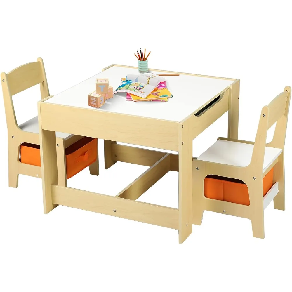 

Kinder King Kids Wood Table & 2 Chairs Set, 3 in 1 Children Activity Table w/Storage, Removable Tabletop, Blackboard, 3-Piece