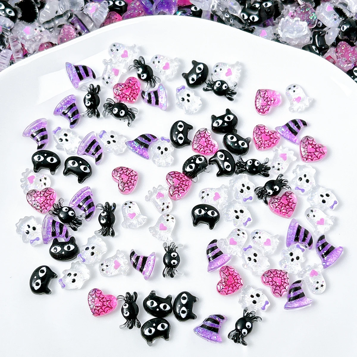 30 Stück Cartoon Niedliche Spinnen-Katzenkopf Harz-Nagelcharms 3D Kreative Transparente Schleife Geister-Herz Nagelkunst-Zubehör DIY Nägel – Detail 4