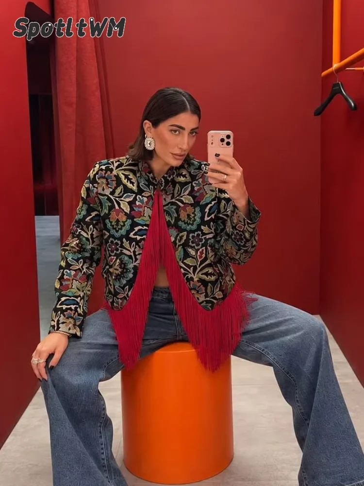 Bohemian Red Floral Jacquard Fringe Jacket Women's Tassel Stand Collar Long Sleeve Open Front Cropped Coat Vintage Outerwear