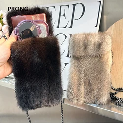 Real Mink Fur Crossbody Bag For Women Small Moblie Phone Bags Girls Exquisite Coin Purse Mini Outdoor Travel Pouch Simple Wallet