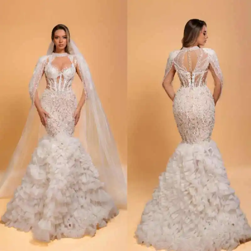 

Gorgeous Mermaid Gown Wedding Dresses Full 3D Floral Appliques Full Sleeve Special Occasion Gowns Vestido De Noiva Customized