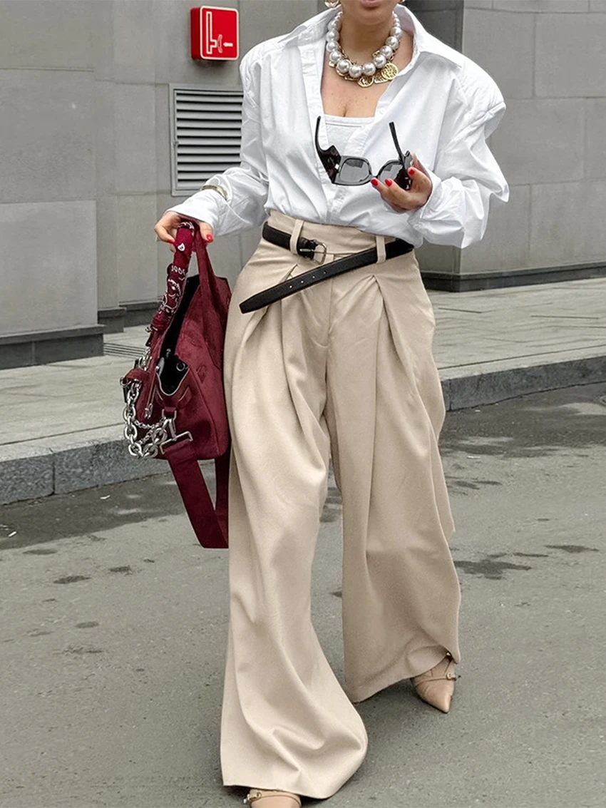 WXOY Damen-Hose, Beige, Übergröße, weites Bein, hohe Taille, plissiert, lockere Passform, elegante Freizeithose, Büro, Alltag, Stadt, Pendelkleidung