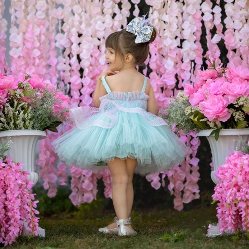 Sky Blue Cute Polka-dot Tulle Flower Girl Dresses Sleevesless Straps Girl Wedding Party Dress Communion Dress Birthday Gown