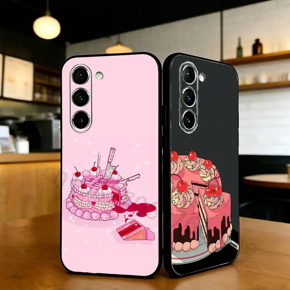 Cute Cartoon Cake Phone Case For Samsung S20,21,22,23,24,25,26 Ultra,Plus,Lite,FE,Black Soft Case