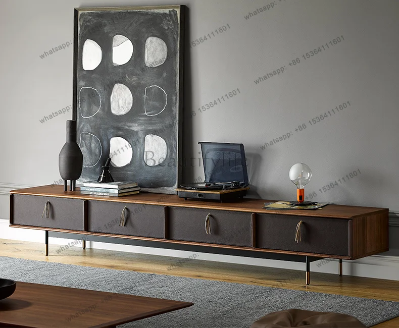 zj.Italian minimalist solid wood TV cabinet, living room wabi sandy wind imported walnut audio-visual cabinet
