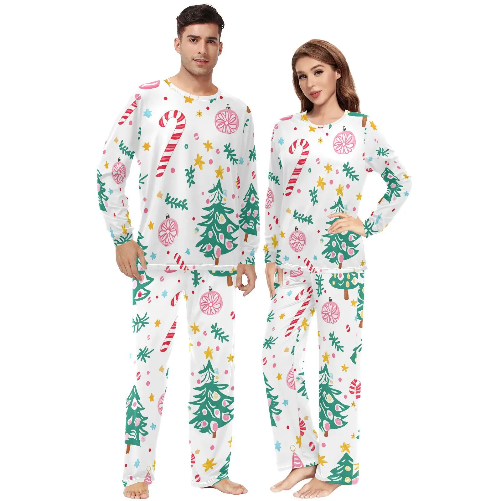 Loose Men Women Pajama Sets Christmas tree print Home Sleepwear Spring Autumn Trousers For Men Pijama Elastic Long Pants pyjama