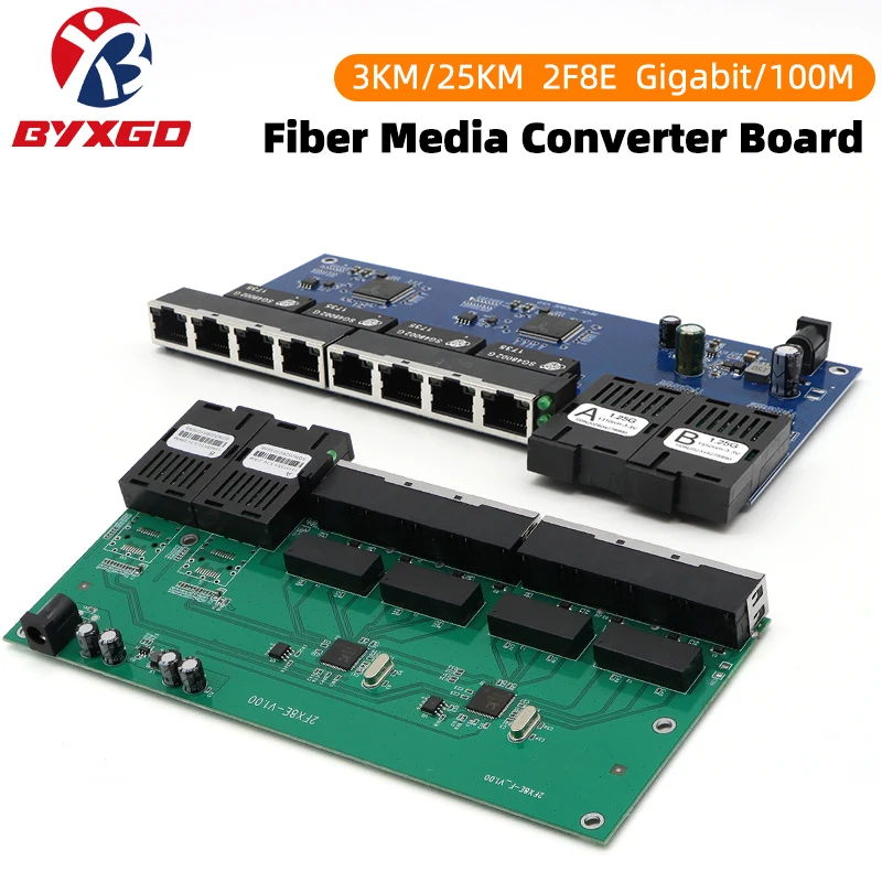 BYXGD 10/100Mbps & Gigabit 2F8E BIDI Fiber Media Converter Board Single Mode SC Single Fiber Industrial PCBA Board Rack Mount
