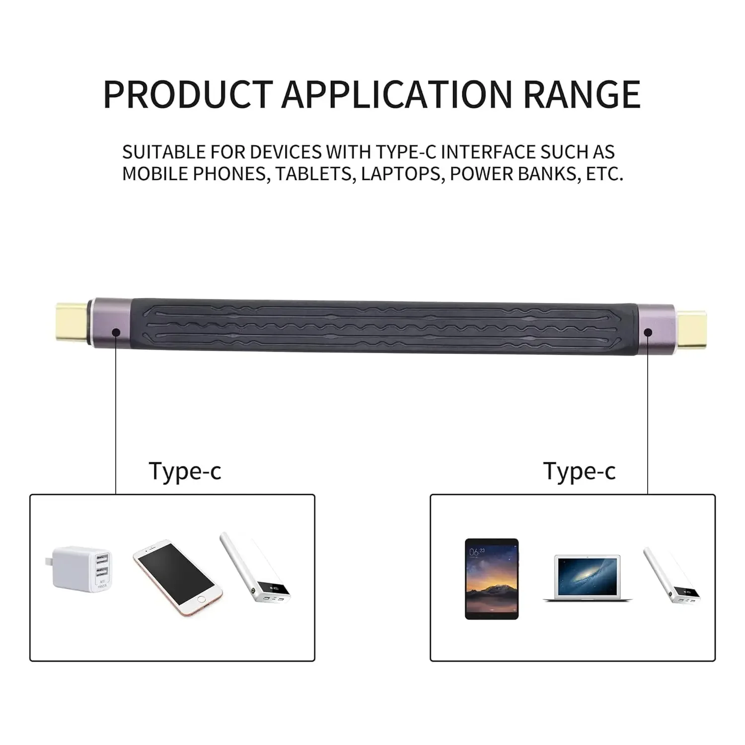 Portable Type-C USB4 40Gbps Data Cable C to C 100W Fast Charging Flat Slim FPC Short Cord for Laptop Mobile Phone Power Bank