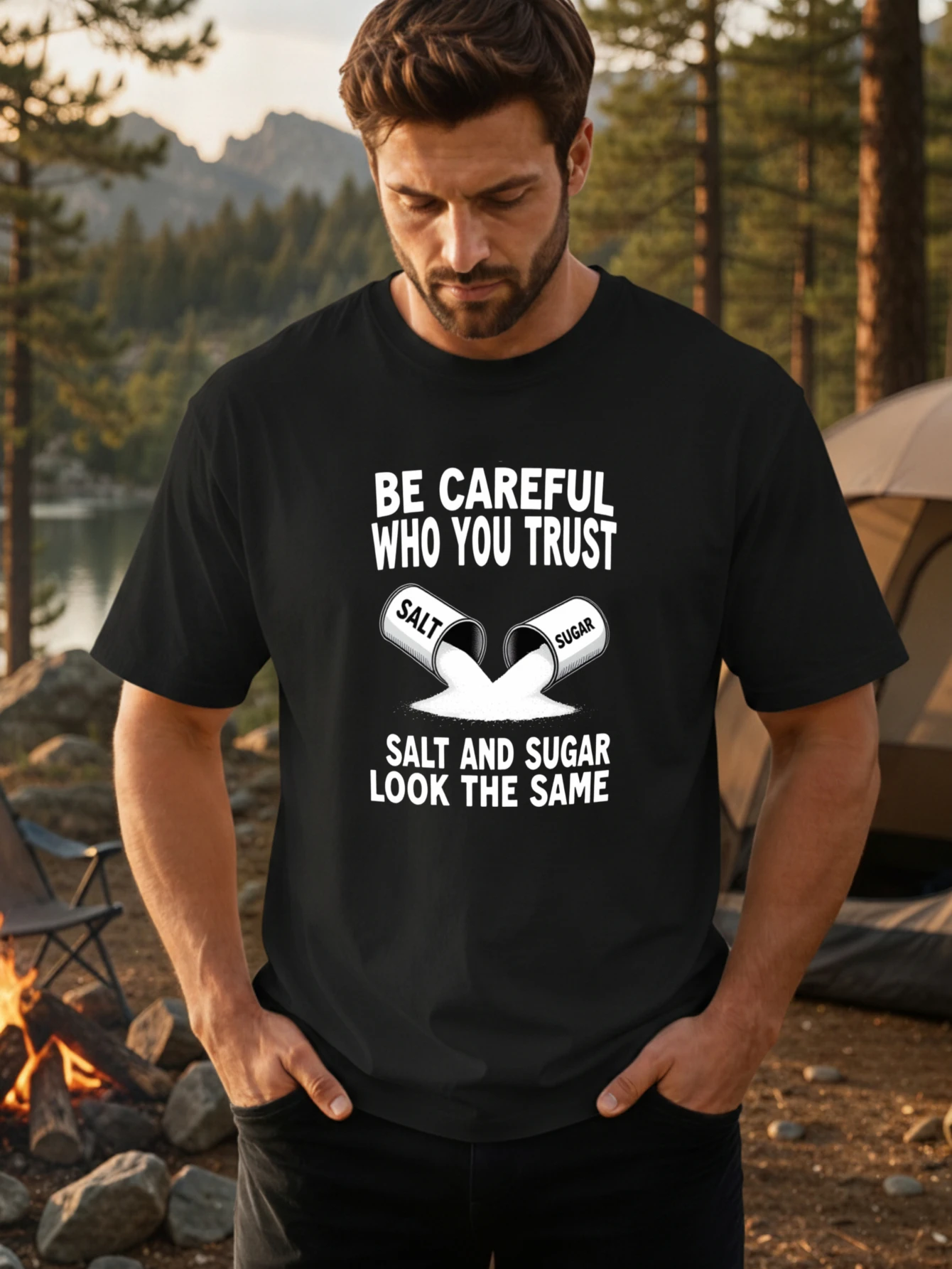 1PC JOOCAR Be Careful Who You Trust Salt Sugar Look Same Casual All Seasons Cotton T Shirt, col rond, extensible, respirant, manches courtes, haut streetwear à imprimé lettres tendance, choix de cadeau idéal pour les fêtes
