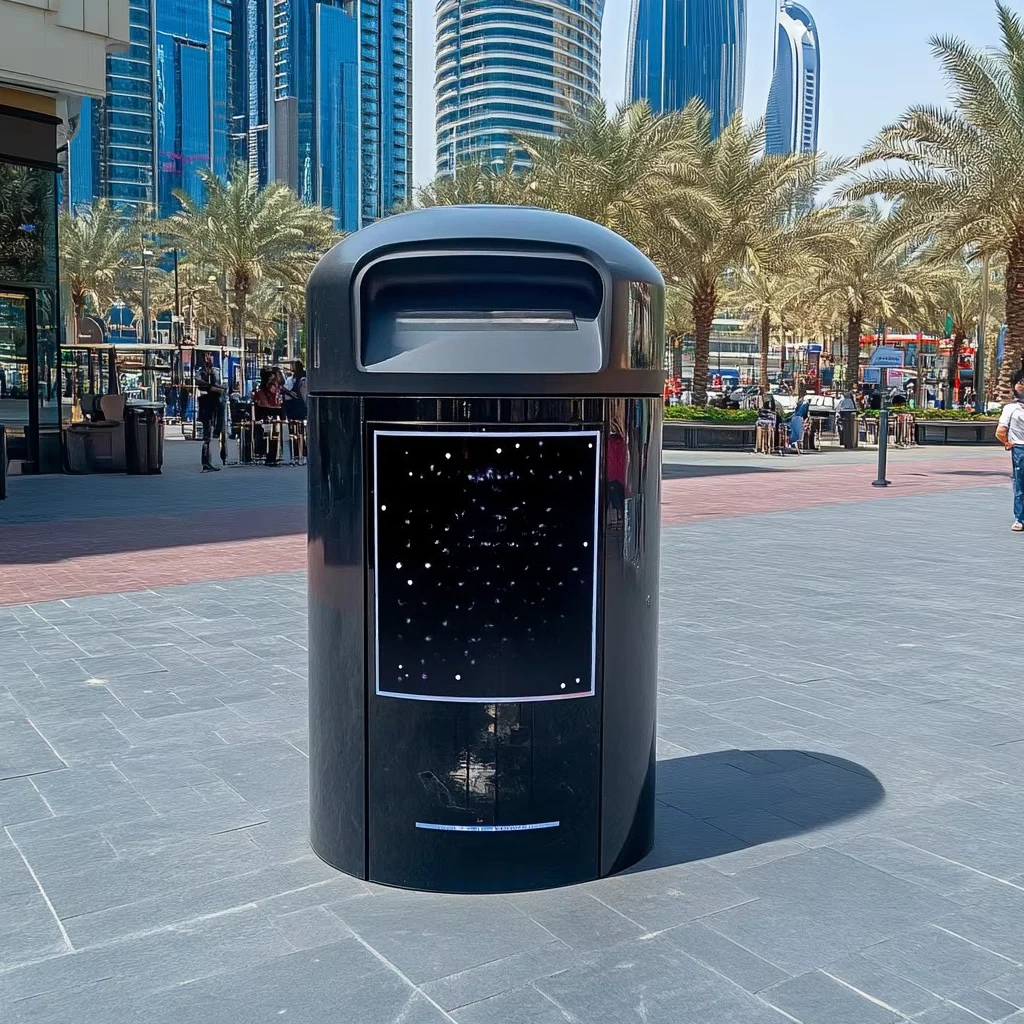 Smart trash cans with motion sensors and a sleek design for outdoor spaces