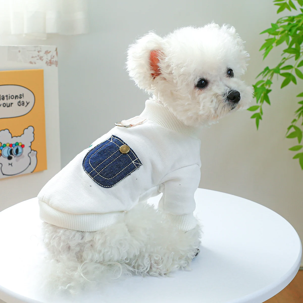 1PC Pet Clothing Dog Cat Spring Autumn Thin Fleece White Friendly Round Neck Shirt With Drawstring Buckle For Small Medium Dogs