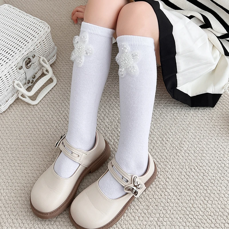 Korean Sweet Style Girls Hand Sewn Pearl Flower Breathable Mid Calf Socks Soft Elastic Skin Friendly Knit Lovely Daily Stockings