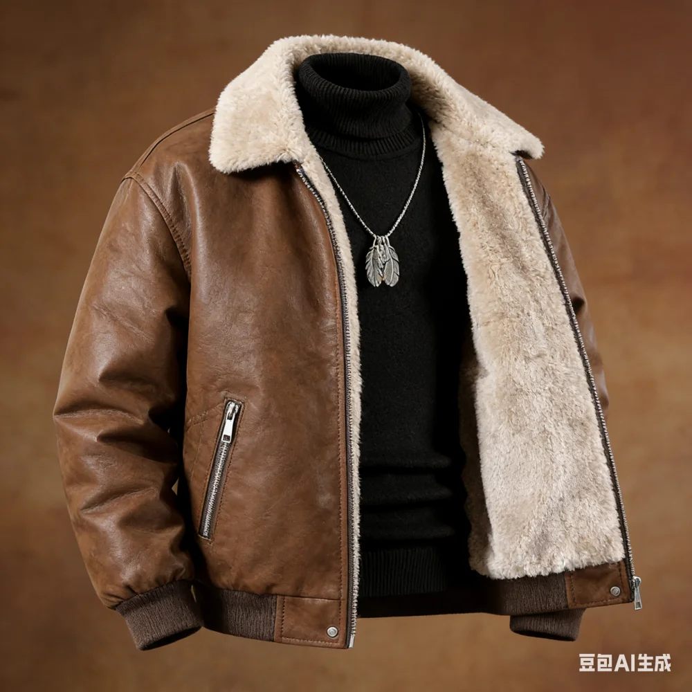 2026 New Winter Leather Jacket with Padding and Thickening - Men's American Style Warmth-Friendly Windproof Collar - Loose Fit