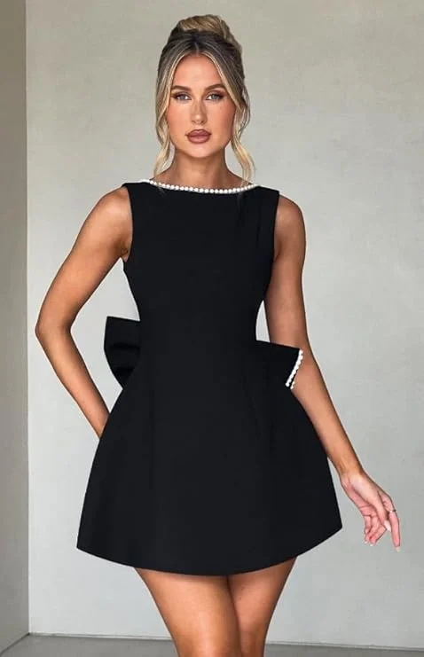 

Women's Pearl Satin Bodycon Mini Dress Mini Prom Dress Evening Dress with Bow Backless Bodycon Formal Party Gowns