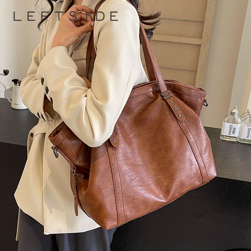 LEFTSIDE Retro Big PU Leather Shoulder Bags for Women 2024 Y2K Vintage Female Underarm Crossbody Bag Simple Solid Color Handbags