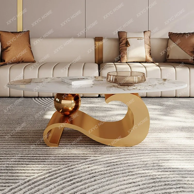 Integrated rock slab coffee table living room high-end light luxury metal household oval combination coffee table furniture