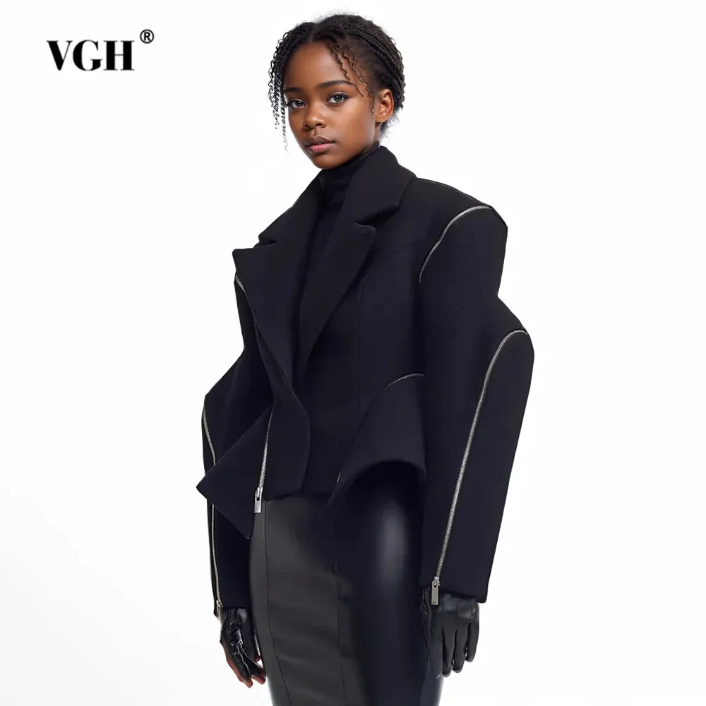 VGH Irregular Patchwork Zipper Solid Jackets For Women Notched Collar Long Sleeve Temperament Tunic Jacket Female Fashion New