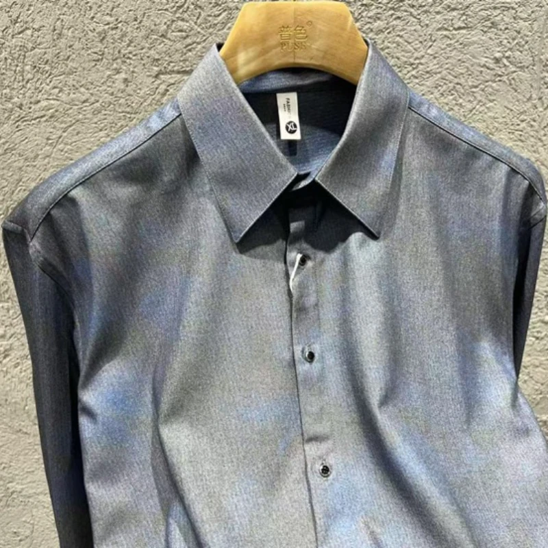

Men's Long-Sleeved Dark Stripe Dress Shirt – British Style Gradient Color, Sophisticated & Versatile, Stylish for Any Look