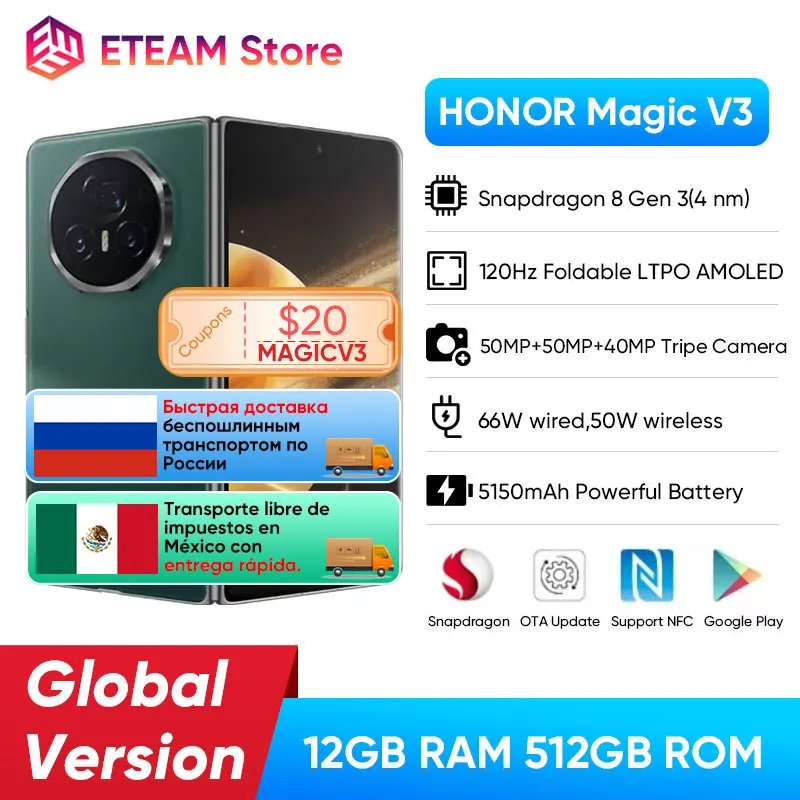 Global Version Honor Magic V3 5G Foldable phone Snapdragon 8 Gen 3 LTPO AMOLED 120Hz Display 7.92