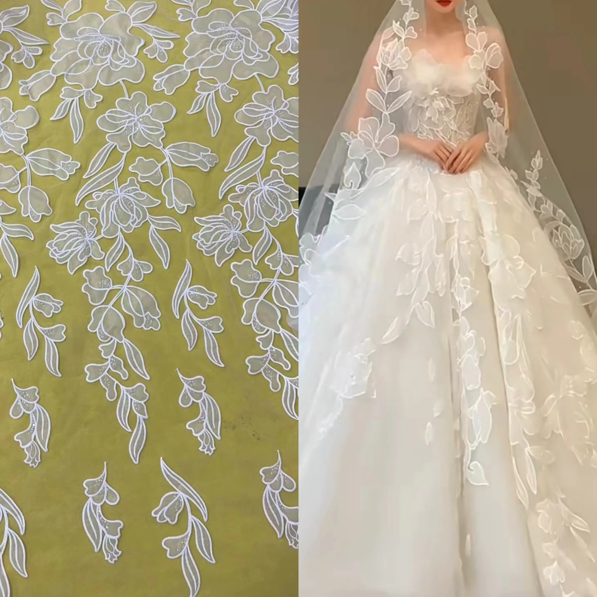 

125CM Wide African Fabric Off White 2D Appliqued Laser Cutting Embroidery Tulle Wedding Lace Big Florals Elegant Lace Beading