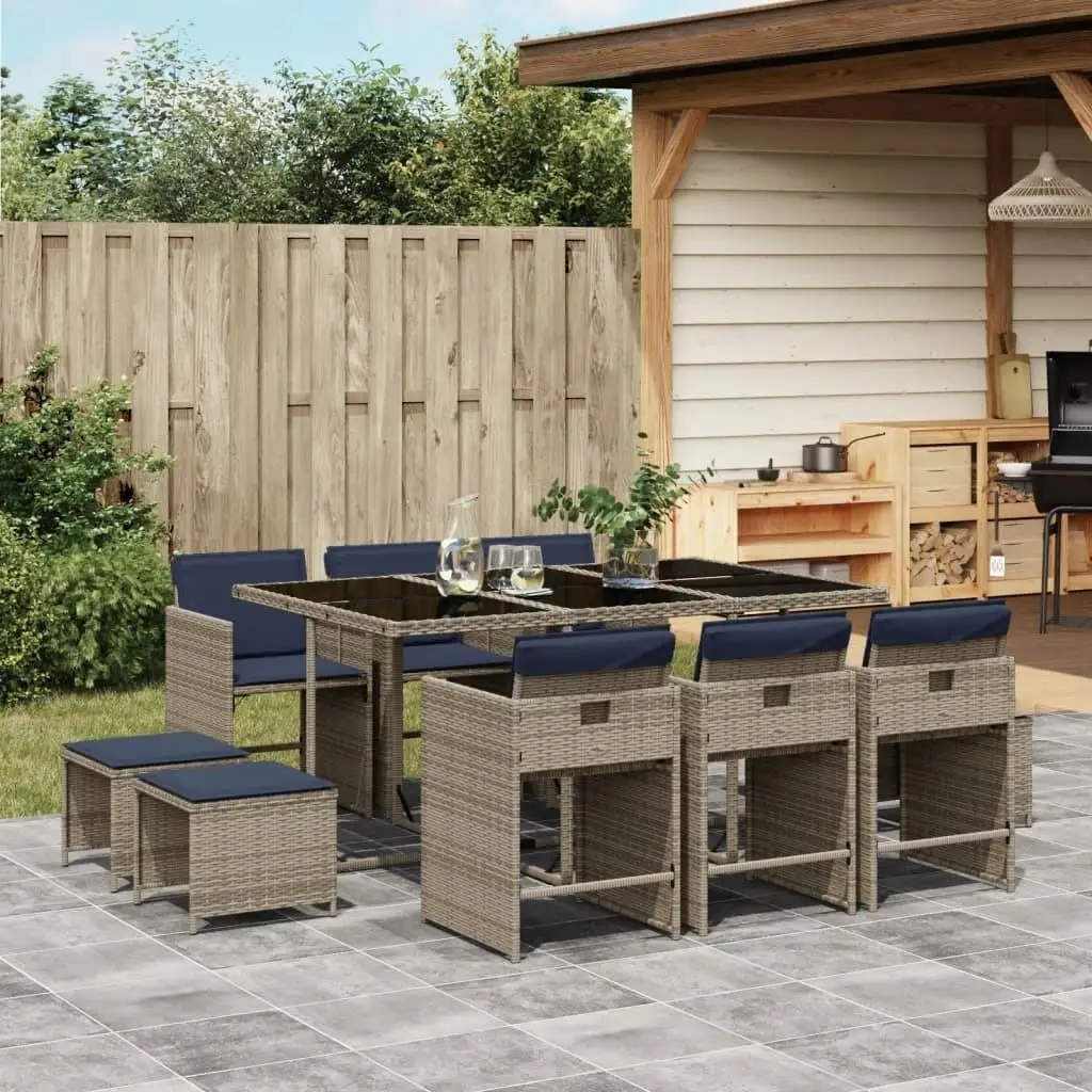 11-Piece Gray Poly Rattan Patio Dining Set with Cushions - Stylish Outdoor Furniture