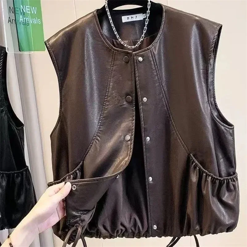 Black&Coffee PU Leather Motorcycle Vest for Women 2026 Spring Autumn New Korean Edition Loose Sleeveless Coat Lady Short TankTop
