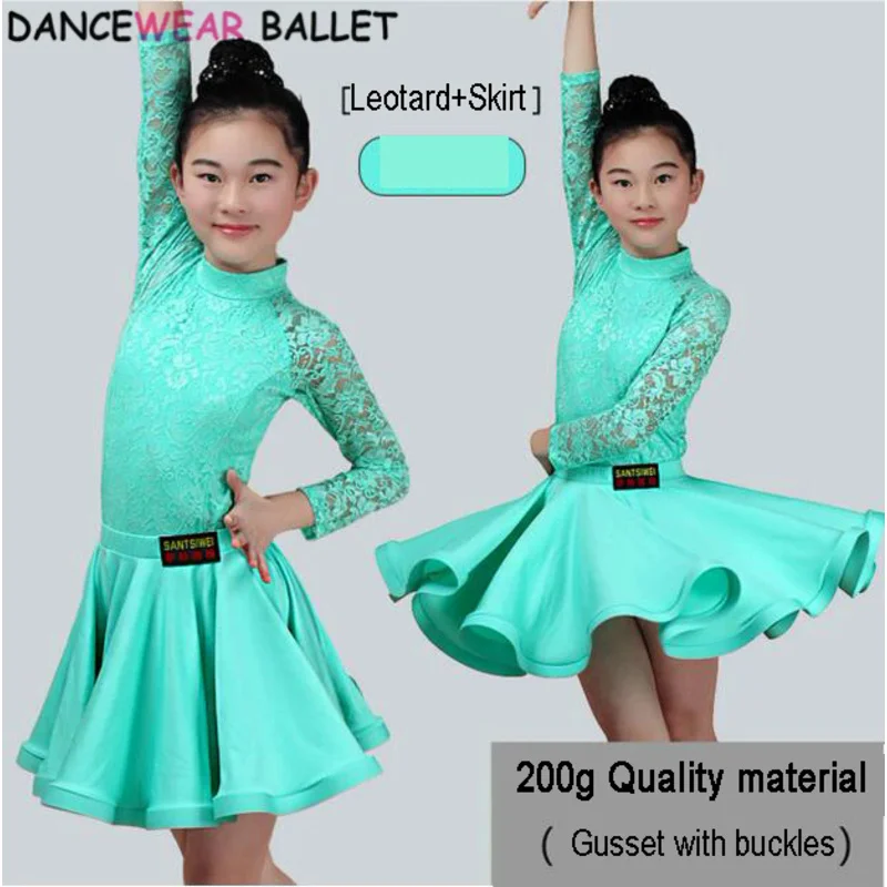 New Girls latin dance skirt Ballroom Salsa Tango Skirts Kid Child Lace Split Dress With Leotard And