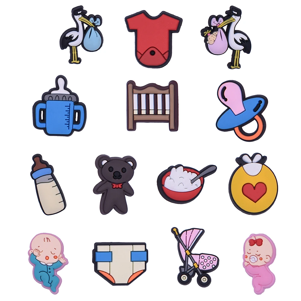 Trendy Cute Baby 14pcs Croc Charms PVC Stroller Bottle Shoe Pins Decor for Clogs Kids Toddler Shoe Decorations Baby Shower Gifts