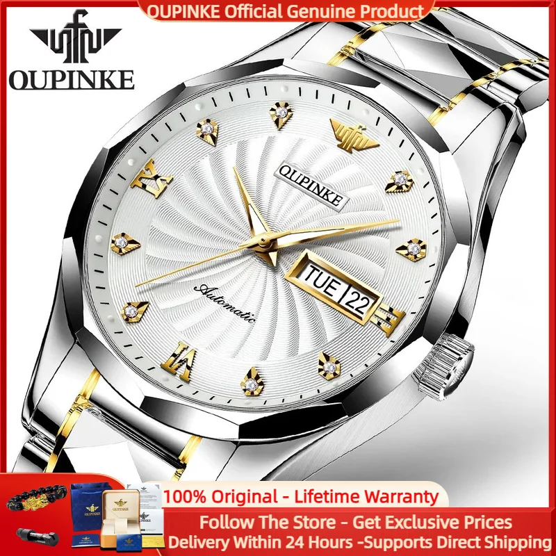 

OUPINKE 3169, роскошные оригинальные мужские автоматические механические часы, спортивные деловые часы с двойным календарем и вихревым циферблатом, водонепроницаемые мужские часы