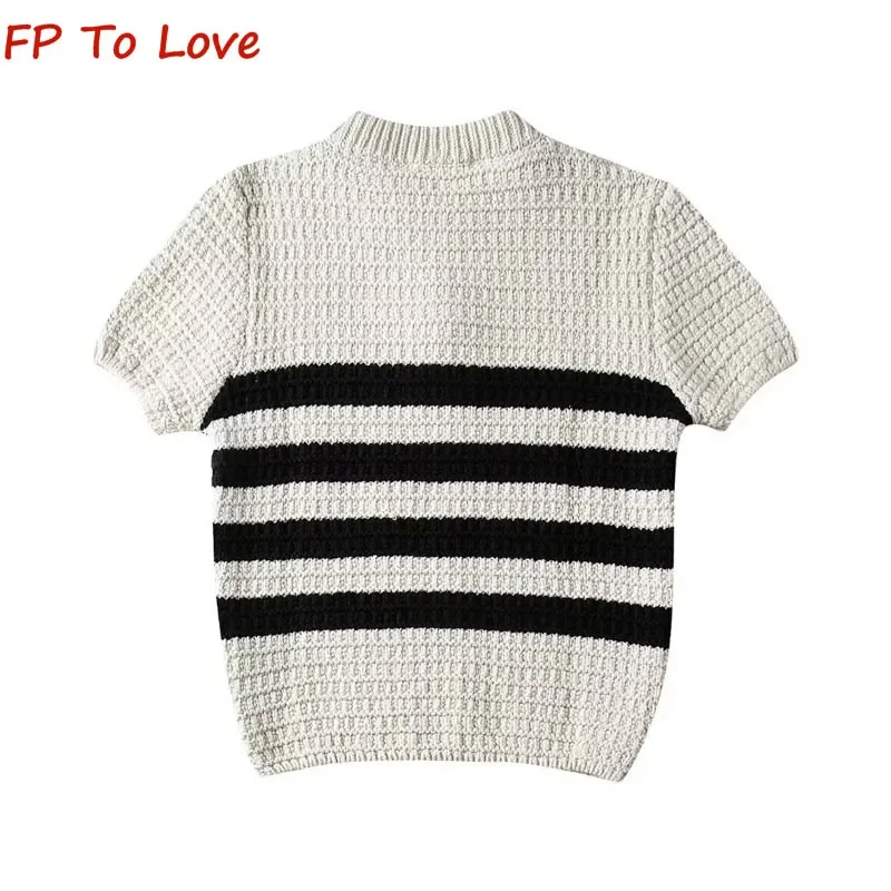 American Vintage Design Colour Block Stripe Sweater Button Trimmed Stripe Knit PB&ZA Woman Short Sleeve Vest 6427009